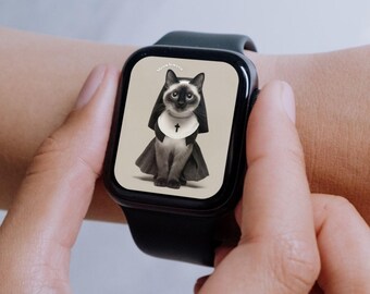おもしろい修道女猫のApple Watch壁紙：不気味なハロウィーン（デジタルダウンロード）