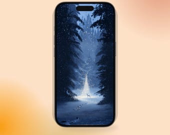 魔法の冬の森のスマホ壁紙 - 雪に覆われた鹿のiPhone背景、ダークブルーのクリスマスデジタルダウンロード