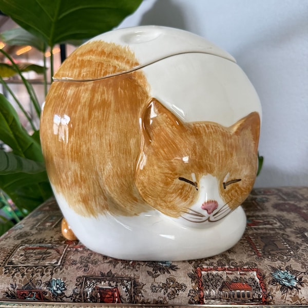 Vintage N.S. Gustin Co. Sleeping Cat Cookie Jar, Hand Painted Orange Tabby Ginger Ceramic Canister, Mid Century Farmhouse Kitty Kitchen Deco