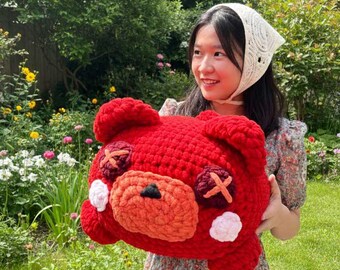 Cojín de oso rojo de hilo grueso grande, patrón de peluche navideño de ganchillo, tutorial de amigurumi fácil y rápido.