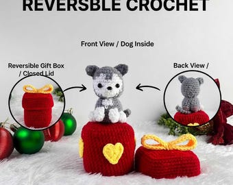 Patrón de Amigurumi Navideño Reversible – Muñeca de Crochet de Cachorro Husky en Caja de Regalo (PDF)