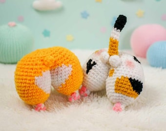 Patrón de crochet para trasero de gatito calicó y trasero de corgi / Tutorial en PDF de lindo peluche amigurumi de gato y perro para principiantes