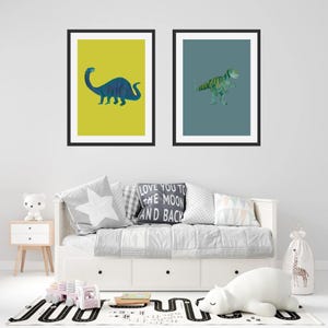 Set of 2 - Dinosaur Wall Art Set – Brachiosaurus & T-Rex Printables – Dino Decor – Digital Download for Kids Room – Playroom Posters