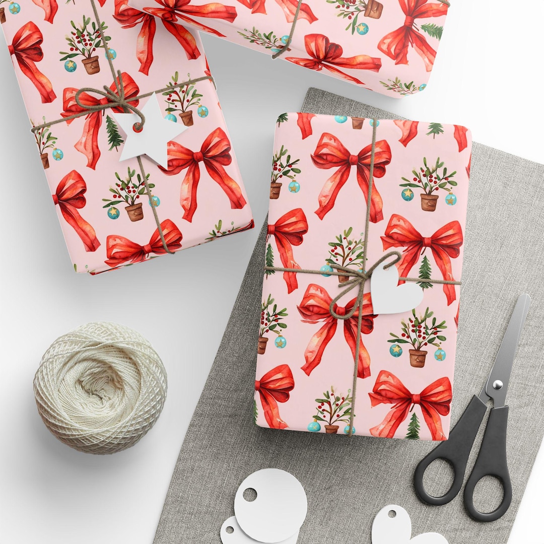 Red Bow & Greenery Wrapping Paper | Holiday Ribbon Pattern - Etsy
