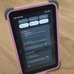 K&ouml;nnte beinhalten: Ein rosa Tablet mit einem schwarzen Bildschirm, auf dem verschiedene App-Benachrichtigungen angezeigt werden. Das Tablet hat eine Schutzh&uuml;lle mit grauen Ecksto&szlig;f&auml;ngern. Die Uhrzeit ist 12:38 Uhr, Mittwoch, 11. Januar. Der Akku zeigt 2:34 %.