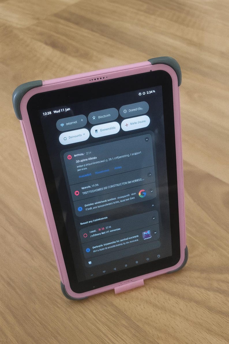 K&ouml;nnte beinhalten: Ein rosa Tablet mit einem schwarzen Bildschirm, auf dem verschiedene App-Benachrichtigungen angezeigt werden. Das Tablet hat eine Schutzh&uuml;lle mit grauen Ecksto&szlig;f&auml;ngern. Die Uhrzeit ist 12:38 Uhr, Mittwoch, 11. Januar. Der Akku zeigt 2:34 %.