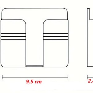 May include: A white, wall-mounted phone holder with a rectangular design. The holder is 3.3 inches wide, 3.7 inches long, and 1.1 inches deep. It features two compartments and two horizontal lines for decoration.