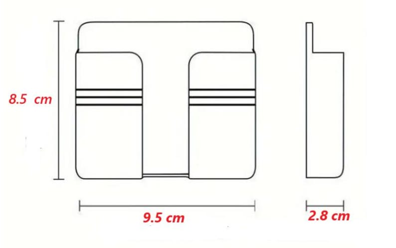 May include: A white, wall-mounted phone holder with a rectangular design. The holder is 3.3 inches wide, 3.7 inches long, and 1.1 inches deep. It features two compartments and two horizontal lines for decoration.
