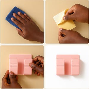 May include: A four-panel image showing the steps to install a pink wall-mounted phone holder. The steps include cleaning the surface, peeling off the adhesive backing, and attaching the holder. The holder has two side compartments.