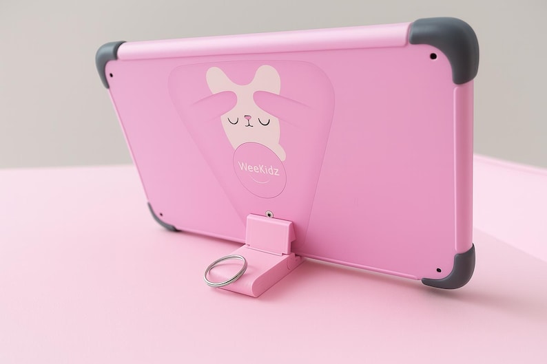 K&ouml;nnte beinhalten: Rosa Tablet-H&uuml;lle mit integriertem St&auml;nder und einem Cartoon-Hasen-Motiv. Die H&uuml;lle hat graue Ecksch&uuml;tzer und den Text "WeeKidz". Der St&auml;nder hat einen silbernen Ring.