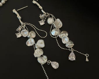 Baroque Pearl Drop Earrings - Pearl Silver Long Earrings Bridal Jewelry
