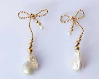 Natural Baroque Pearl Drop Earring - Gold Beaded Bow Earrings Dainty Jewelry