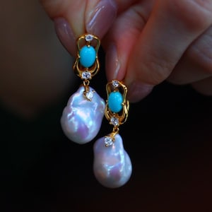 White Fireball Baroque Pearl Drop Earrings, Turquoise Dangle Earrings with Baroque Pearls, Unique Pearl Earrings, Bridesmaid Gift For Her