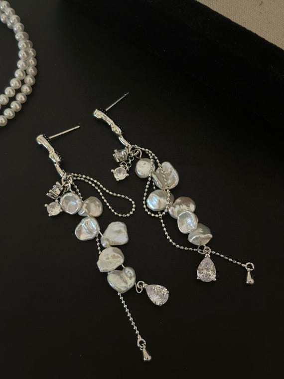 Baroque Pearl Drop Earrings - Pearl Silver Long Earrings Bridal Jewelry