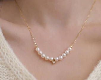 Natural Freshwater Pearl and Diamond Pendant Necklace - 18K Solid Gold Chain Minimalist Jewelry