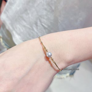 18K Solid Gold Bangle Bracelet with Premium Blue-Silver Akoya Pearl - 7-8MM Pearl Bracelet Dainty Jewelry