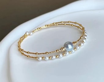 Top Quality Blue-Silver Akoya Pearl and Beaded Freshwater Pearl Bracelet - 18K Solid Gold Multi Wrap Bangle