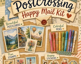 Kit Postcrossing Happy Mail – Cartoline ad acquerello, penne, timbri, adesivi, nastro washi