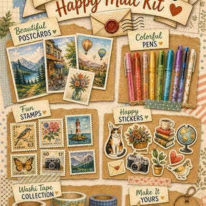 Peut inclure: Un kit de postcrossing avec des cartes postales, des stylos colorés, des timbres, des autocollants et du ruban washi. Le kit comprend des cartes postales avec des vues panoramiques, une variété de timbres et des autocollants décoratifs.