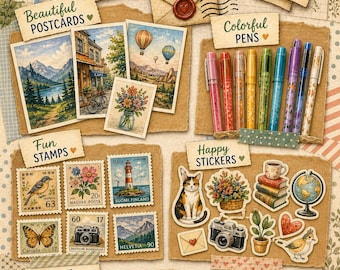 Postcrossing Happy Mail Kit – Aquarell Postkarten, Stifte, Briefmarken, Washi Tape