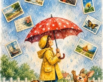 Raining Postcards Spring - Raining, Umbrella Illustration, Whimsical Watercolor, Mail Art, Postcrossing Gift, Dog lover