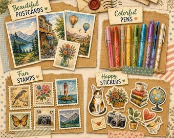 Postcrossing Happy Mail Kit – Aquarell Postkarten, Stifte, Briefmarken, Washi Tape
