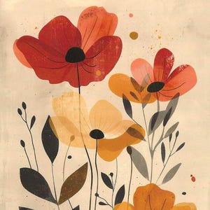 Könnte beinhalten: Abstrakter Blumendruck mit stilisierten Blumen in Rot-, Orange- und Gelbtönen mit schwarzen Zentren. Dunkle Blätter und Stiele sind ebenfalls vor einem cremefarbenen Hintergrund vorhanden. Das Kunstwerk hat eine Vintage- und gemalte Ästhetik.