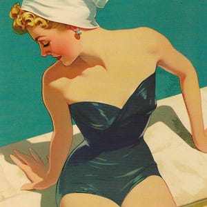 Vintage Pin-Up Postcard – Retro 1950s Swimsuit Lady by the Pool, Classic Summer Pinup Art, Collectible Beach Glamour Stationery
