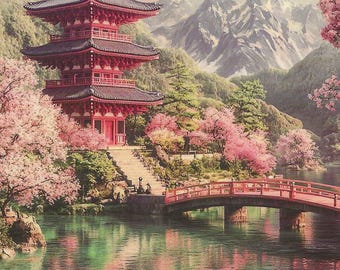 May include: A multi-story red pagoda stands beside a calm lake with a red arched bridge leading to stone stairs. The scene features blooming pink cherry blossom trees, lush green hills, and snow-capped mountains under a soft, cloudy sky.