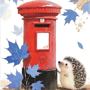 May include: Watercolor illustration of a red British postbox with a smiling hedgehog. Blue leaves and a light brown background complete the scene. The postbox has a black base and a slot for mail.