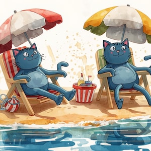 Cartolina con gatti blu ad acquerello: atmosfera estiva stravagante in spiaggia