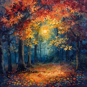 May include: A watercolor painting of an autumn forest scene. The image features trees with vibrant red, orange, and yellow leaves. A lantern hangs from a branch, illuminating a path covered in fallen leaves. The background is a deep blue.