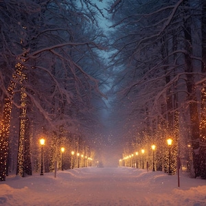 May include: A snow-covered path lined with tall trees wrapped in warm yellow fairy lights. Rows of black metal street lamps illuminate the wintry scene, casting a golden glow against the deep blue twilight sky and the thick layer of white snow.