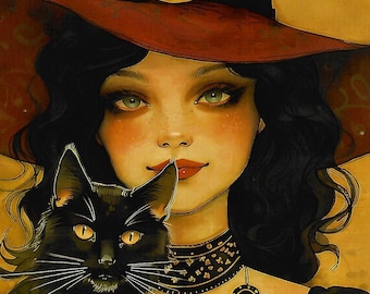 Mystical Witch & Black Cat Postcard
