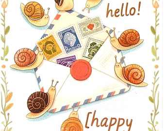 Snail Postcard – Whimsical "Hello!" Happy Mail Postcrossing Exchange