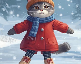 Postal caprichosa de gato invernal: gatito nevado y acogedor