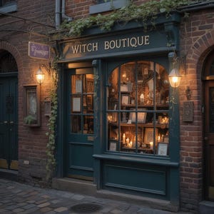 May include: Exterior of a shop called "Witch Boutique" with a teal facade and a brick exterior. The shop window displays various items, lit by candles. A sign above the door reads "Witch Boutique".