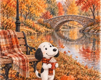 Cozy Autumn Dog Postcard -  Bridge, Fall Puppy Pumpkin Watercolor Snail Mail
