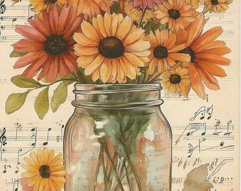 May include: A watercolor painting of a bouquet of sunflowers in a clear mason jar. The flowers are in shades of orange, yellow, and red. The background features sheet music and autumn leaves, creating a warm, rustic aesthetic.
