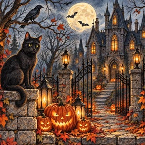 Może przedstawiać: Ilustracja w stylu Halloween przedstawiająca czarnego kota siedzącego na kamiennym filarze obok znaku z napisem Trick or Treat. Scena zawiera dużą gotycką rezydencję, świecące dynie, latarnie oraz znak z napisem Some Spirits Never Leave.