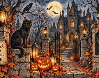 Postal gótica de Halloween: gato negro, calabazas brillantes, castillo embrujado gótico