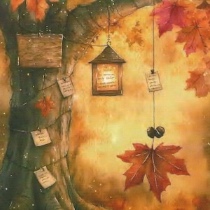 May include: An illustration of a tree trunk with autumn leaves in shades of orange, red, and yellow. A lantern hangs from a branch, and several small rectangular notes are attached to the tree and hanging strings, with one large leaf.