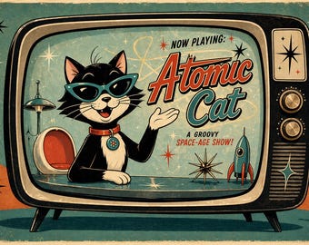 Atomic Cat Postcard, Retro, Mid Century Modern Cat Art, Space Age Cat, Cat Lover Gift, Postcrossing Card, Happy Mail