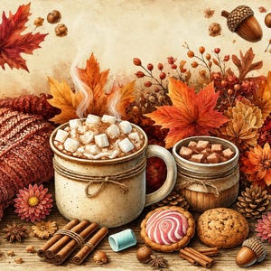 May include: A ceramic mug filled with hot cocoa and marshmallows, a small wooden jar, a red knitted sweater, cinnamon sticks, cookies, pinecones, acorns, and autumn leaves in shades of orange, red, and brown on a rustic wooden surface.