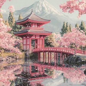 May include: A serene landscape featuring a red Japanese pagoda and bridge reflected in the water. Cherry blossom trees frame the scene, with a snow-capped mountain in the background. The artwork evokes a sense of peace and tranquility.