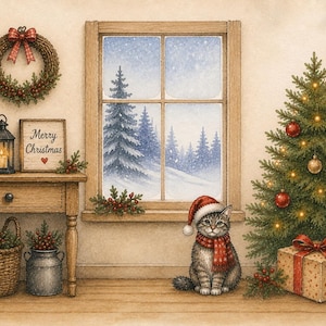 以下が含まれることがあります： 水彩画風のイラストで、木製のテーブル、小さなクリスマスツリー、ランタン、リース、Merry Christmasと書かれた看板がある居心地の良い部屋。サンタの帽子とマフラーを身につけたトラ猫が、大きな装飾されたツリーの横に座っている。