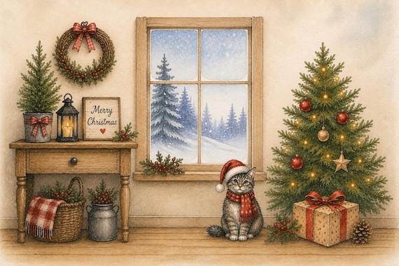 Cozy Christmas Cat Postcard -  Vintage Holiday Tree Winter Country Cottage Snail Mail Stationery