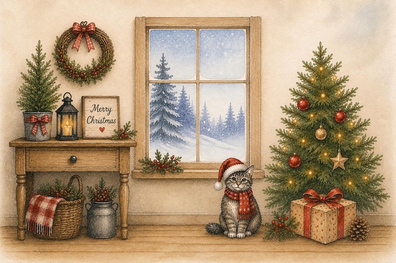 以下が含まれることがあります： 水彩画風のイラストで、木製のテーブル、小さなクリスマスツリー、ランタン、リース、Merry Christmasと書かれた看板がある居心地の良い部屋。サンタの帽子とマフラーを身につけたトラ猫が、大きな装飾されたツリーの横に座っている。