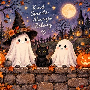Könnte beinhalten: Eine Illustration von zwei weißen Geistern, einer mit Hexenhut, und einer schwarzen Katze auf einer Steinmauer. Orangefarbene Kürbisse, Herbstblätter, eine Straßenlaterne und ein Haus sind zu sehen. Der Text lautet: Kind Spirits Always Belong und There's Always Room for Kind Spirits.