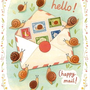 May include: Watercolor illustration of an envelope with stamps and snails. The envelope is cream-colored with red trim and a red wax seal. The stamps feature snail illustrations. The words "hello!" and "happy mail!" are written in red.